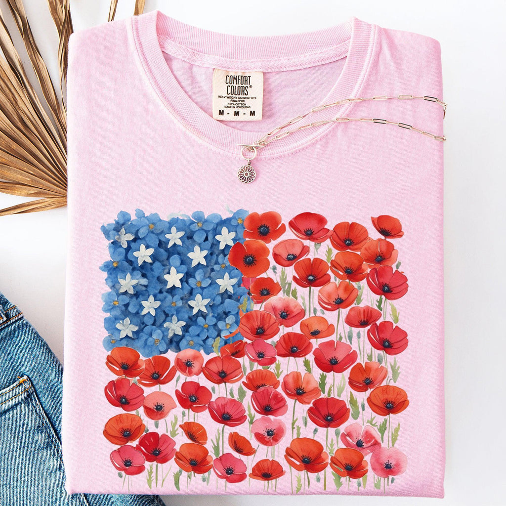 Floral Flag, USA, Patriotic, America, 4th of July T-Shirt - Vibrant Colors