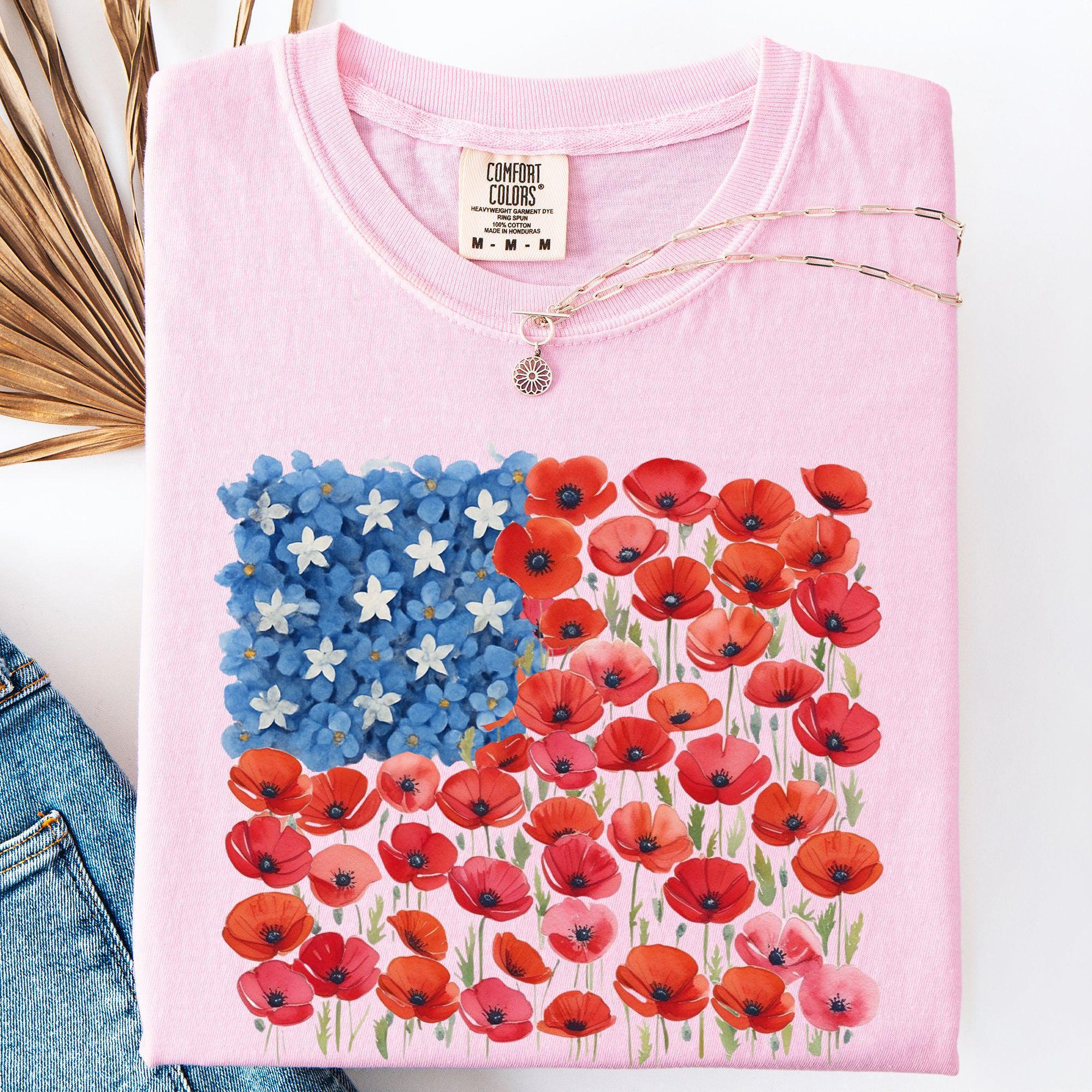 Floral Flag, USA, Patriotic, America, 4th of July T-Shirt - Vibrant Colors