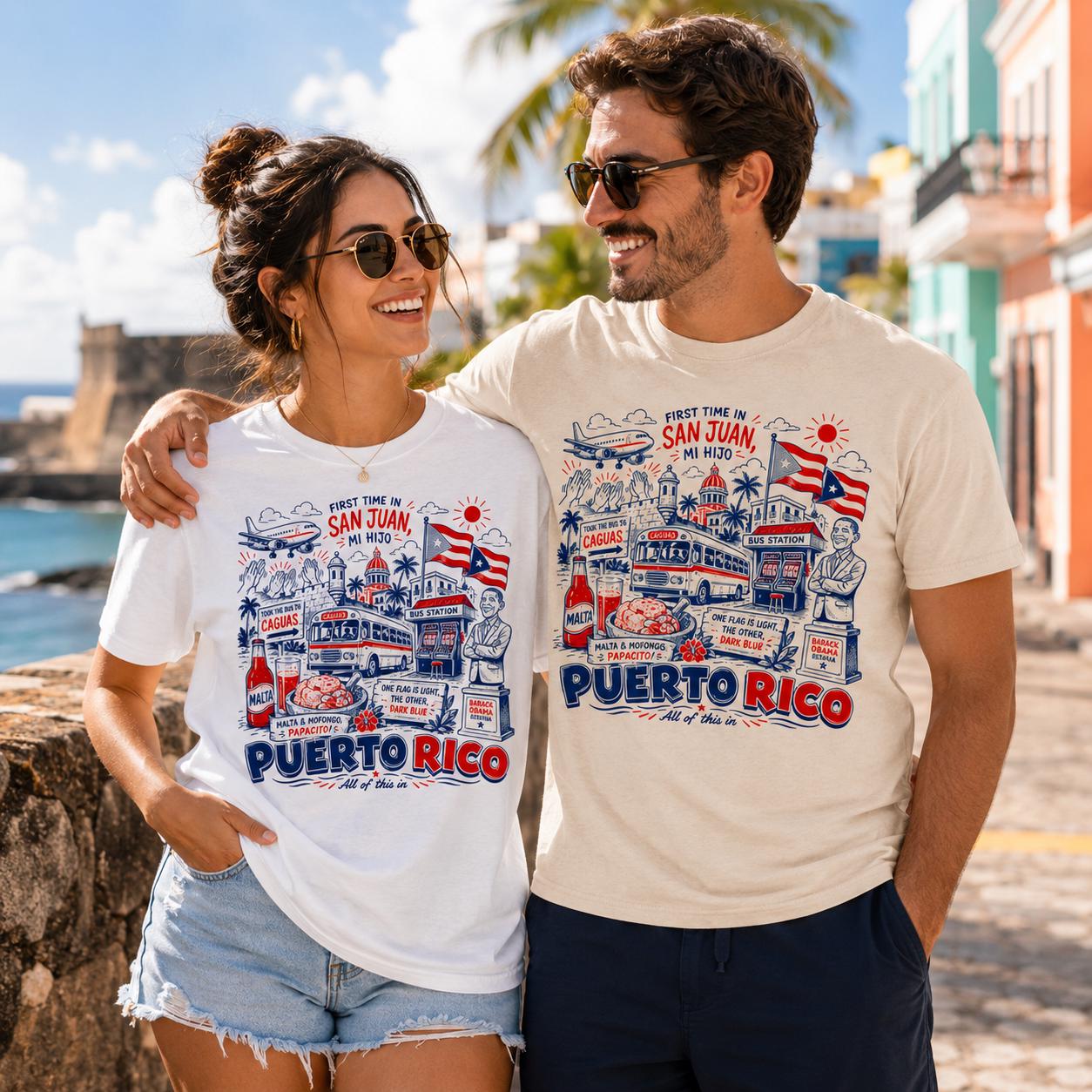 First Time In Sen Juan Puerto Rico T-Shirt - Viral Meme Song - Wedding, Vacation, Puerto Rican Boricua Pride Gif
