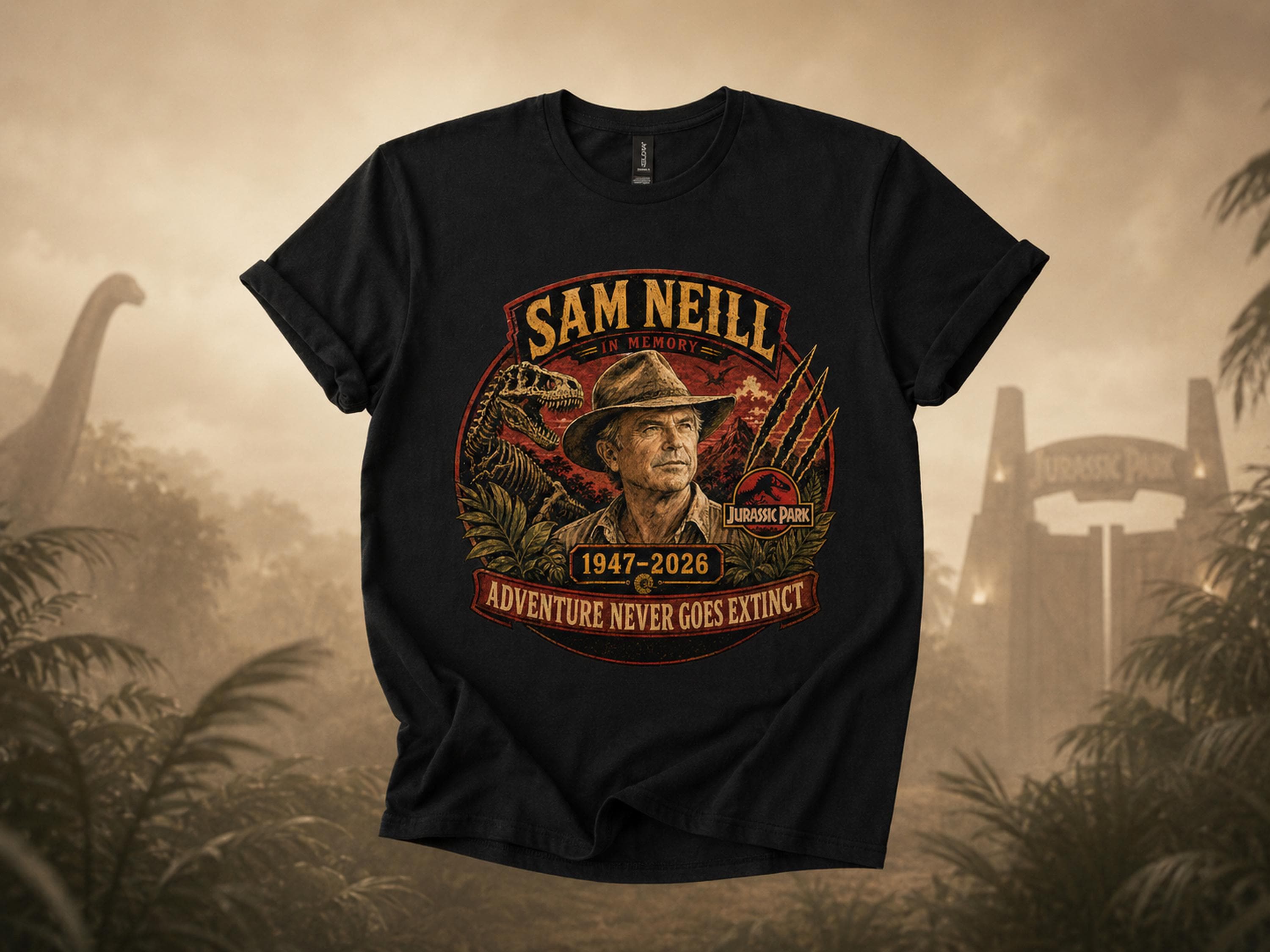 Sam Neill Memorial Shirt, Jurassic Park Tribute Tee, Adventure Never Goes Extinct