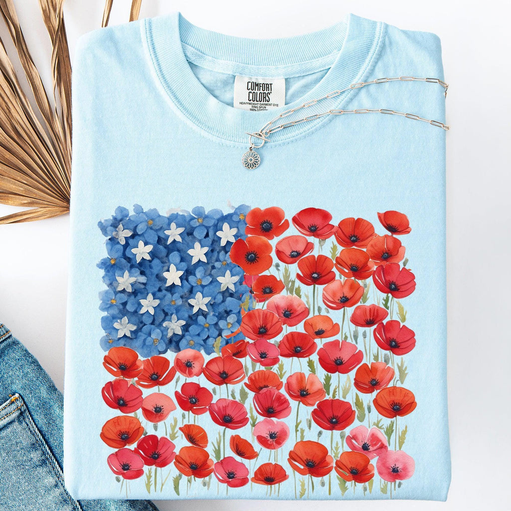 Floral Flag, USA, Patriotic, America, 4th of July T-Shirt - Vibrant Colors