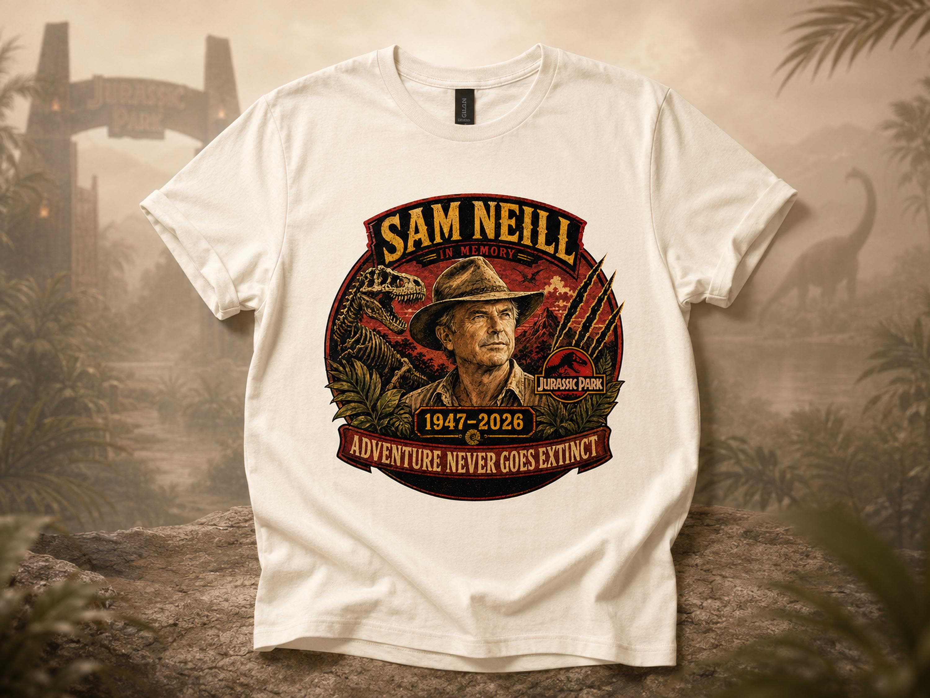 Sam Neill Memorial Shirt, Jurassic Park Tribute Tee, Adventure Never Goes Extinct