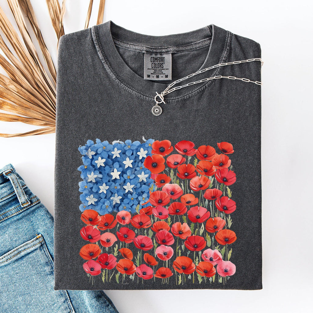 Floral Flag, USA, Patriotic, America, 4th of July T-Shirt - Vibrant Colors