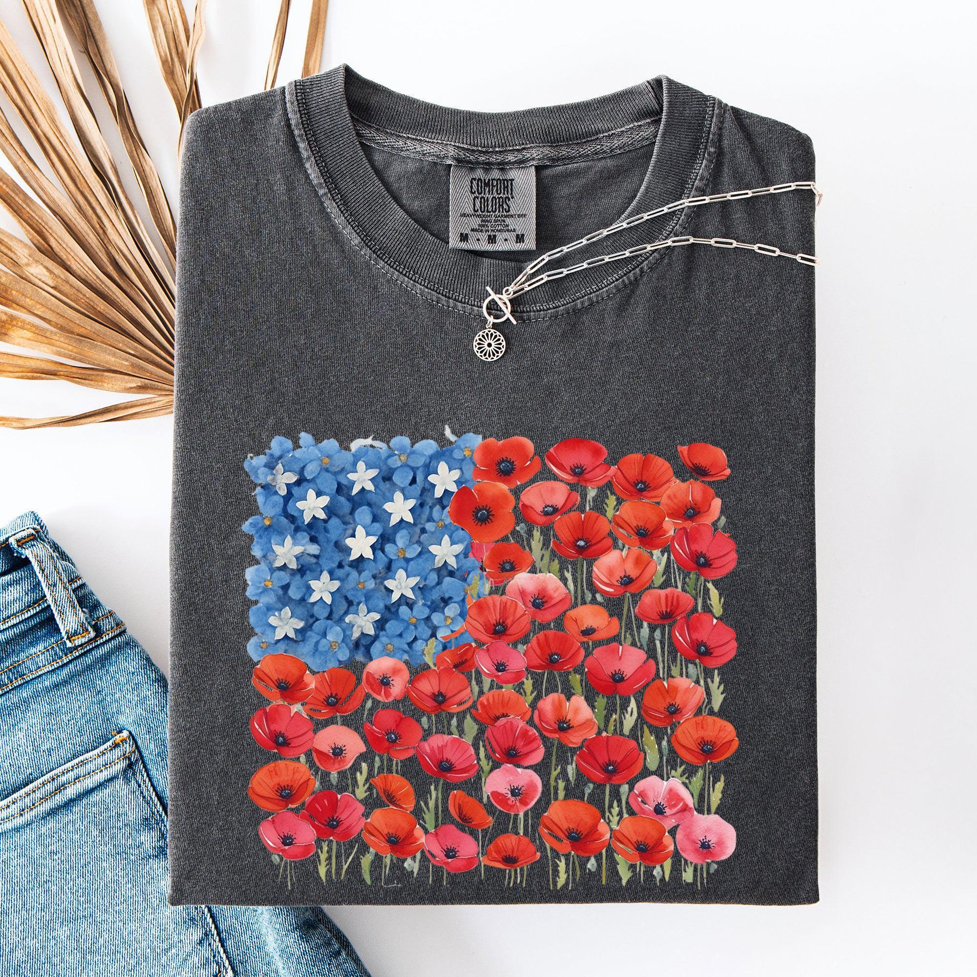 Floral Flag, USA, Patriotic, America, 4th of July T-Shirt - Vibrant Colors