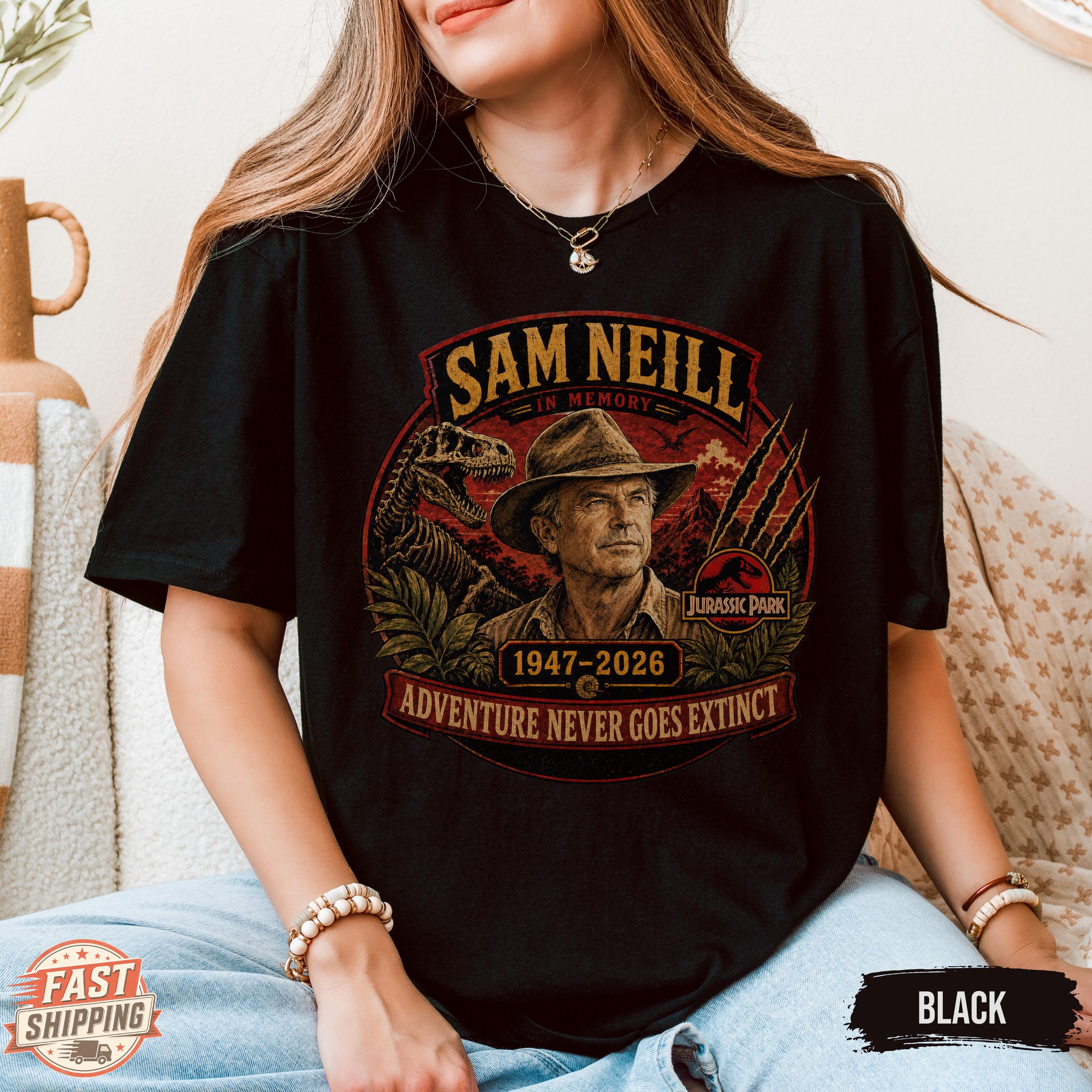 Sam Neill Memorial Shirt, Jurassic Park Tribute Tee, Adventure Never Goes Extinct