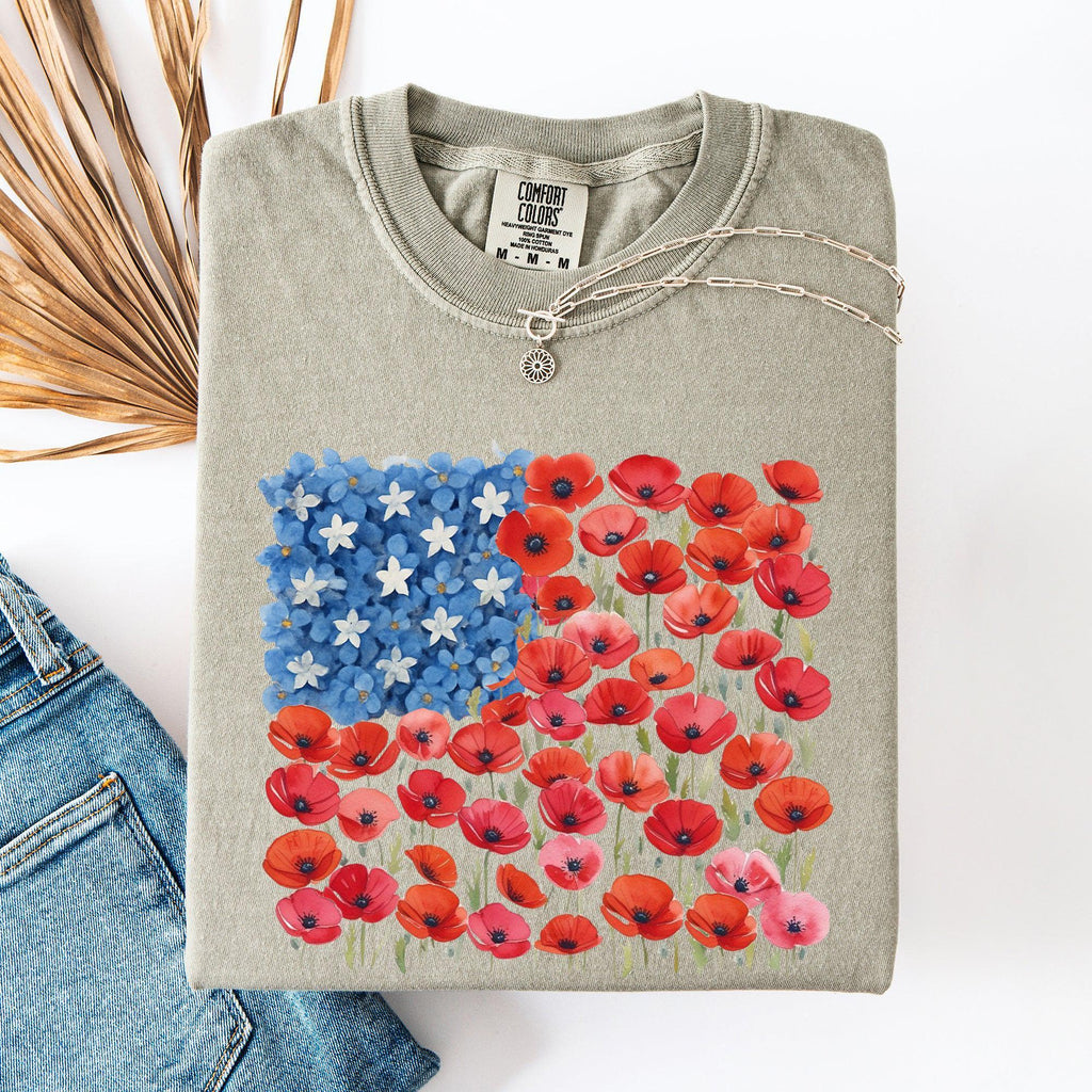 Floral Flag, USA, Patriotic, America, 4th of July T-Shirt - Vibrant Colors
