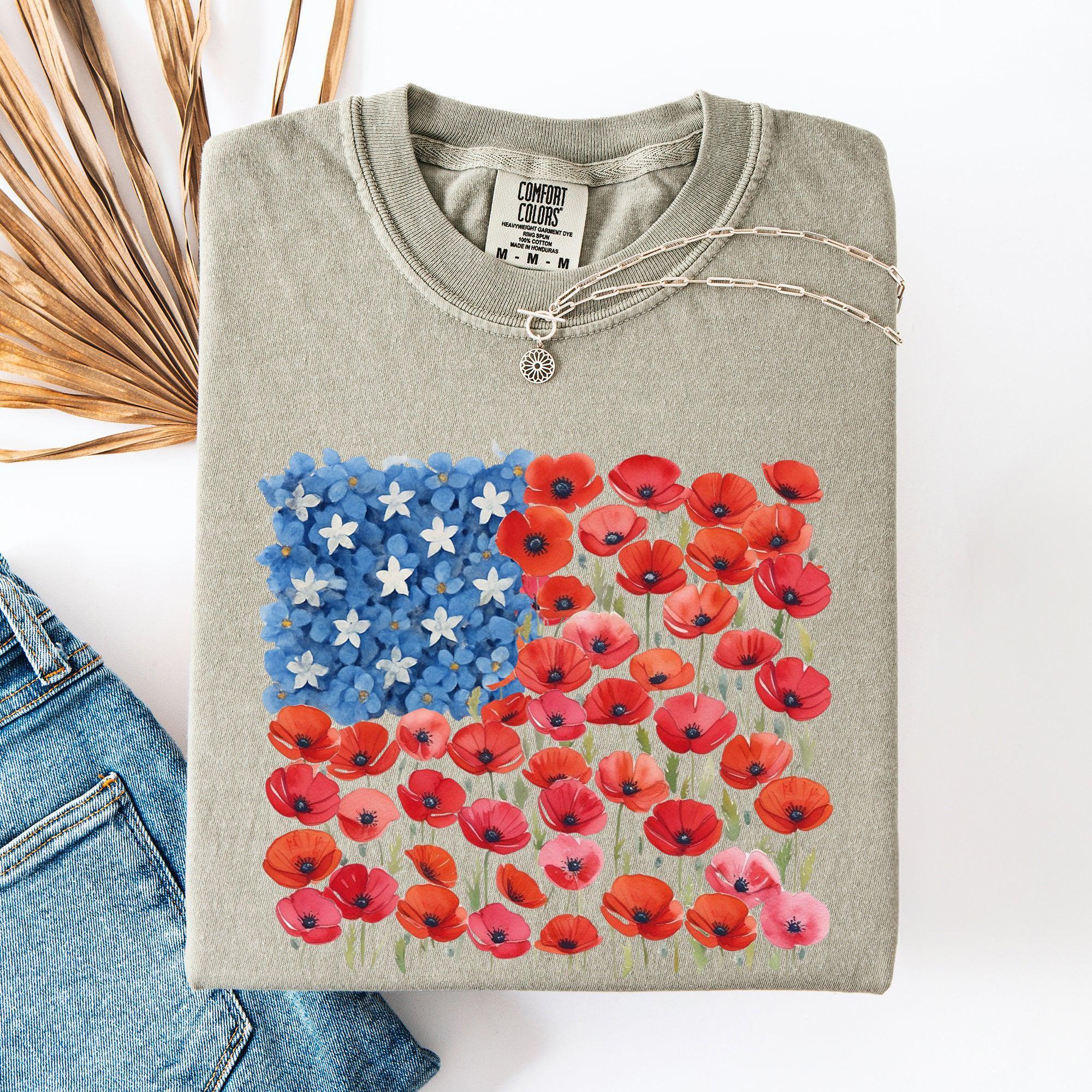 Floral Flag, USA, Patriotic, America, 4th of July T-Shirt - Vibrant Colors