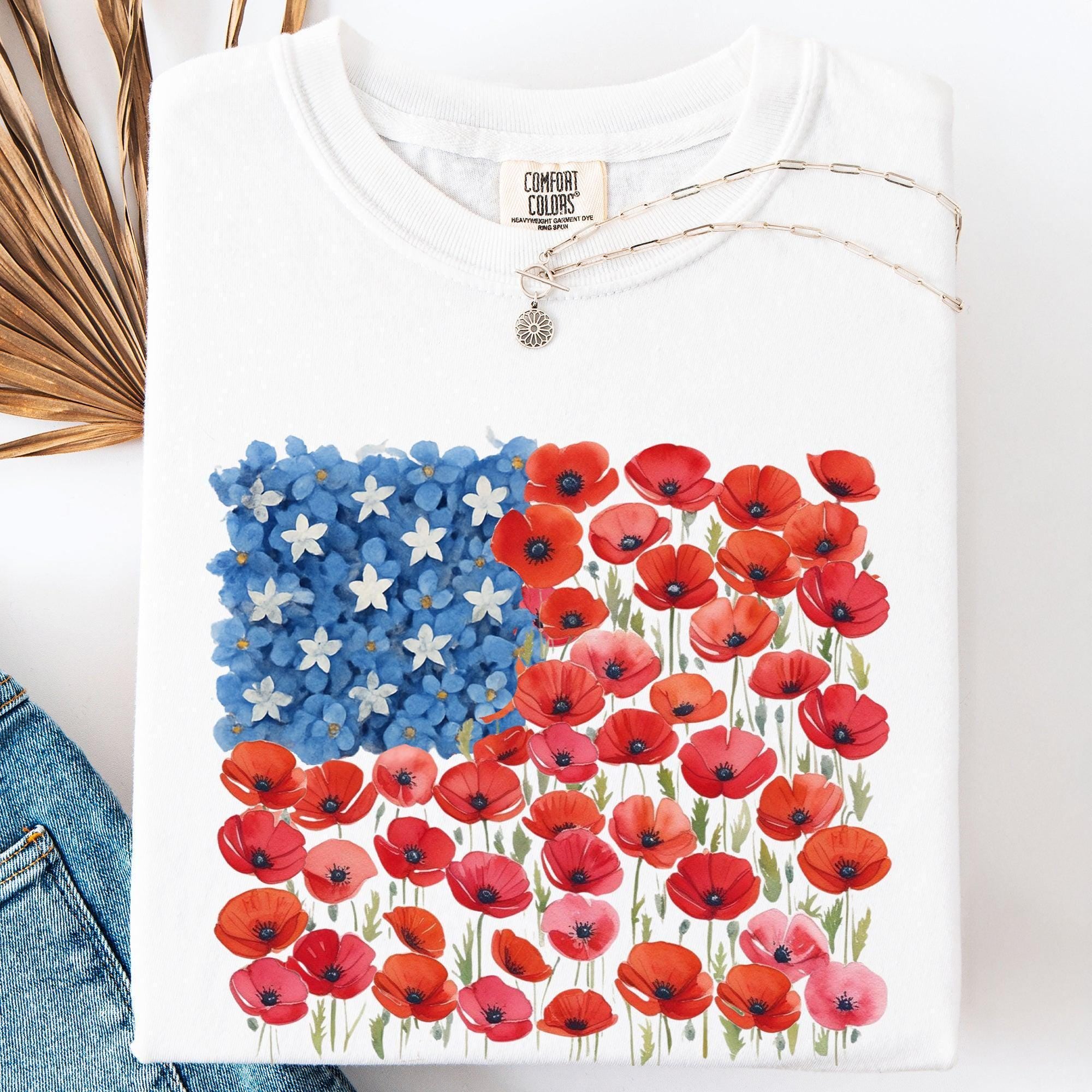 Floral Flag, USA, Patriotic, America, 4th of July T-Shirt - Vibrant Colors