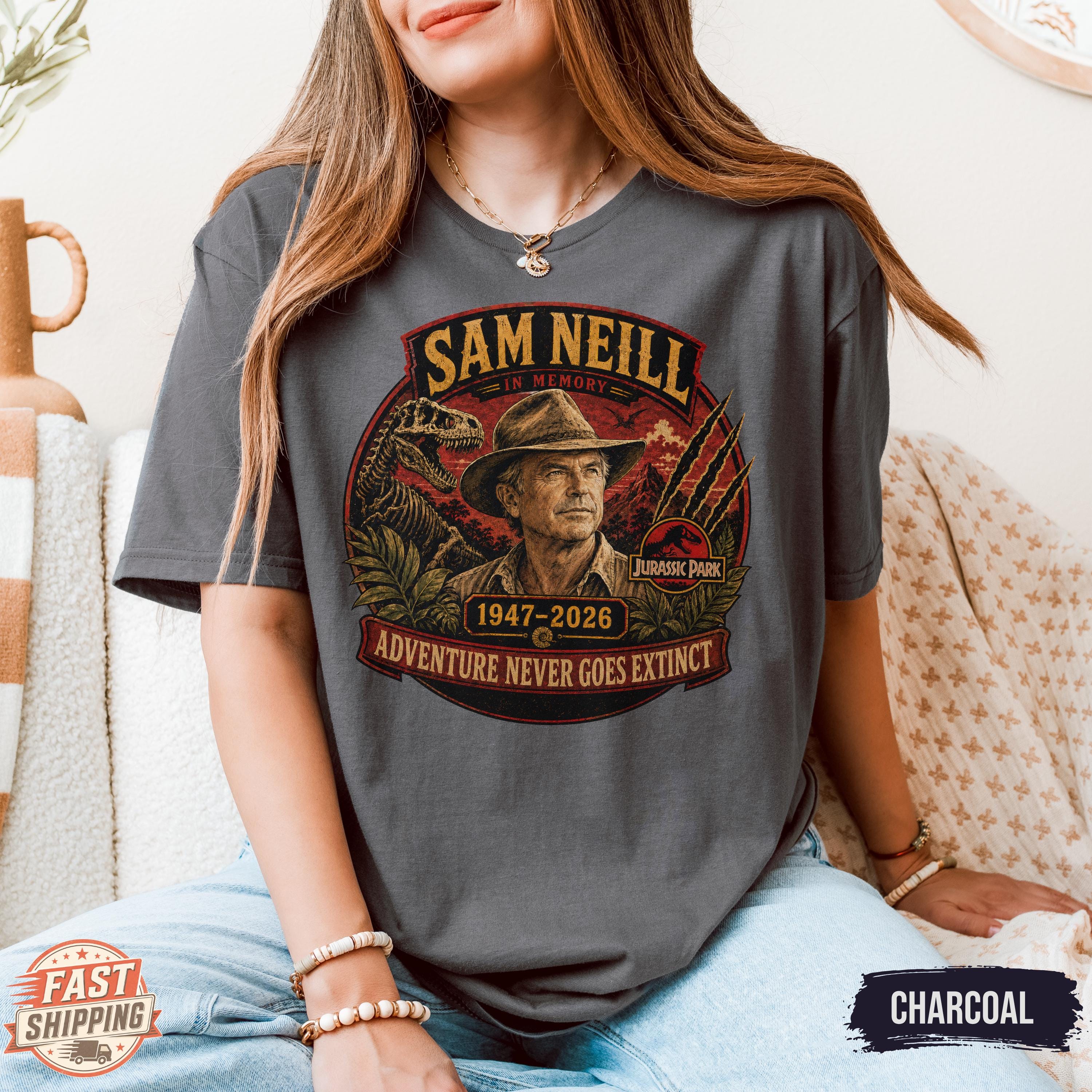 Sam Neill Memorial Shirt, Jurassic Park Tribute Tee, Adventure Never Goes Extinct
