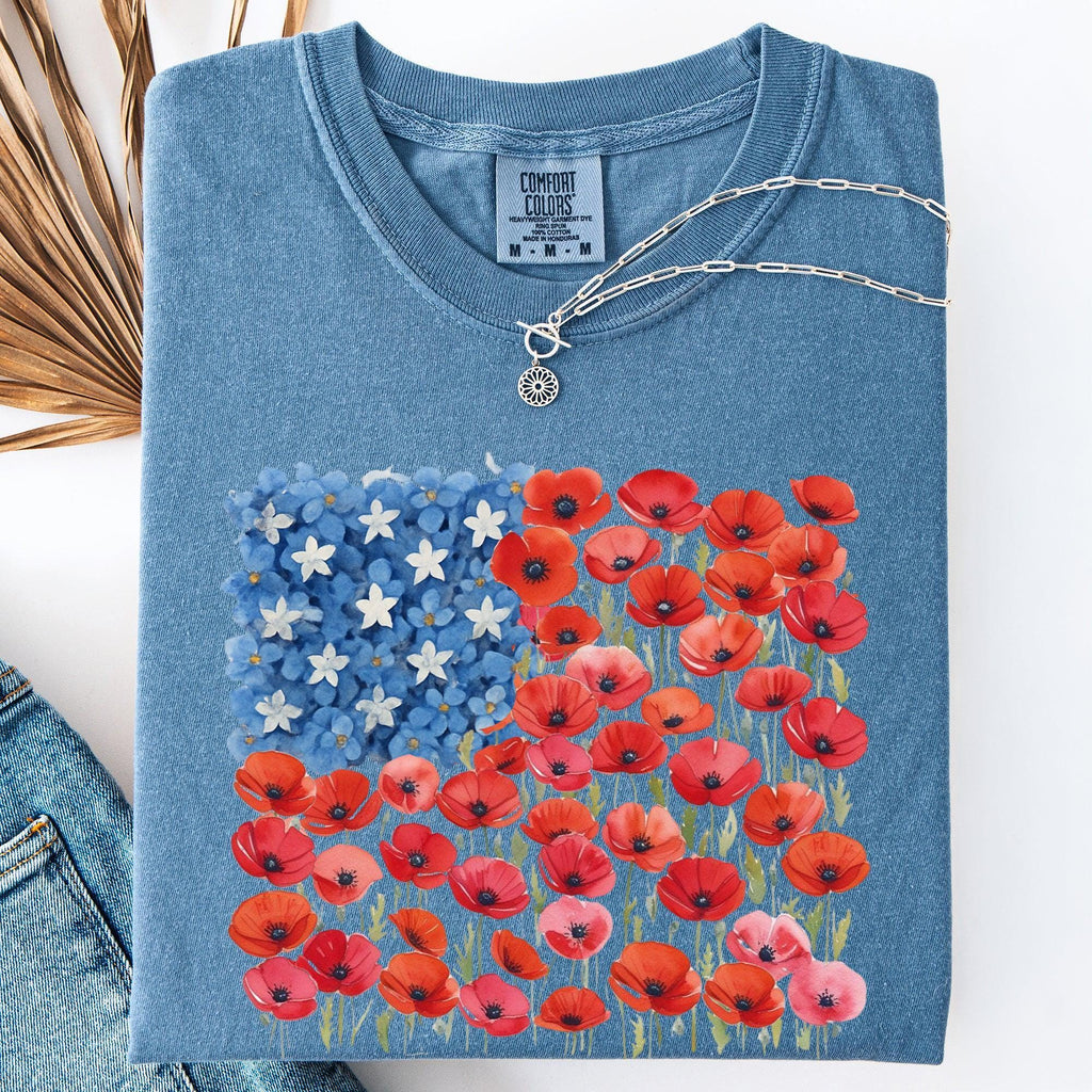Floral Flag, USA, Patriotic, America, 4th of July T-Shirt - Vibrant Colors