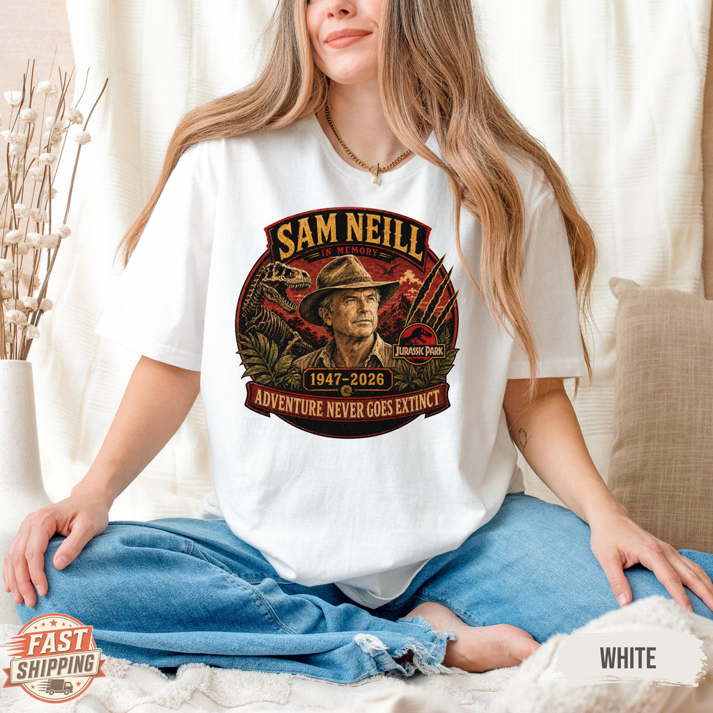 Sam Neill Memorial Shirt, Jurassic Park Tribute Tee, Adventure Never Goes Extinct