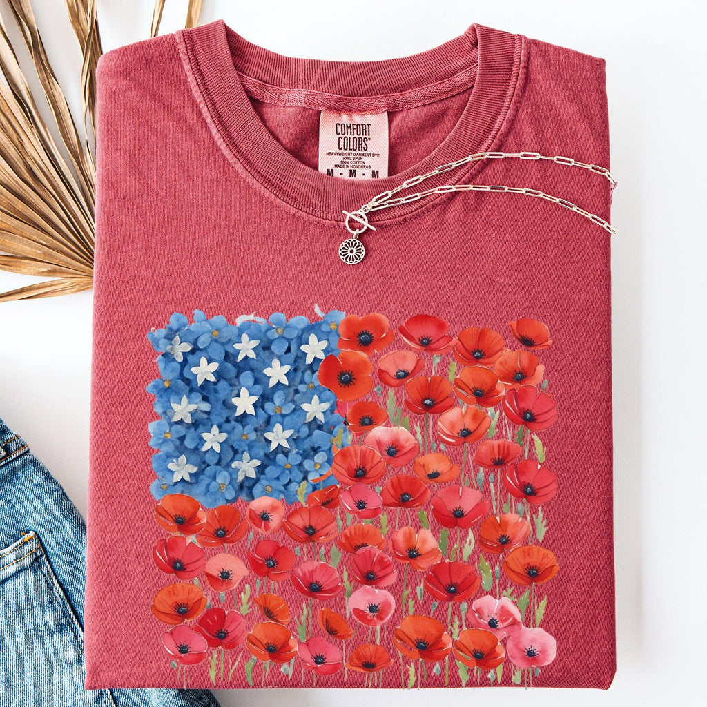 Floral Flag, USA, Patriotic, America, 4th of July T-Shirt - Vibrant Colors