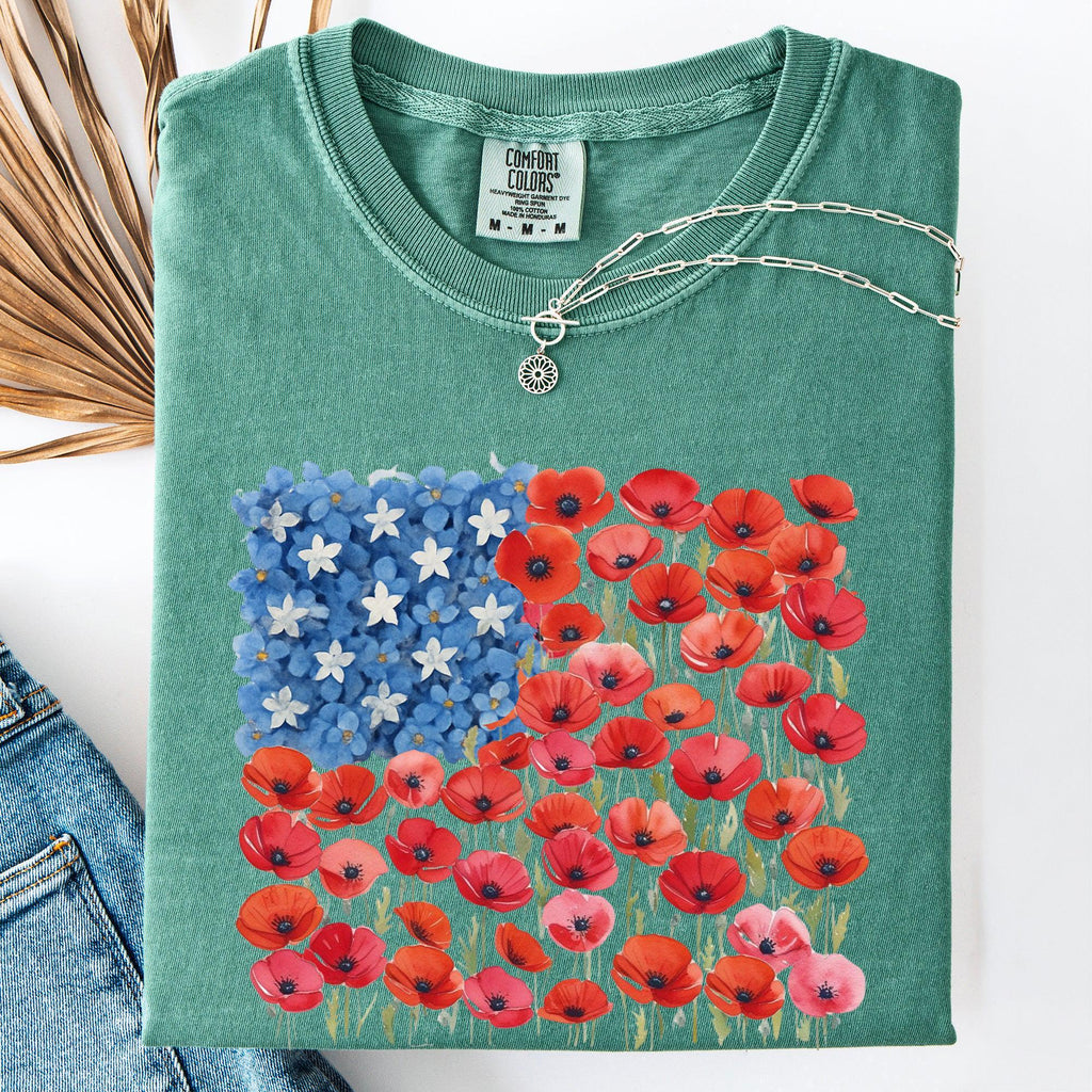 Floral Flag, USA, Patriotic, America, 4th of July T-Shirt - Vibrant Colors