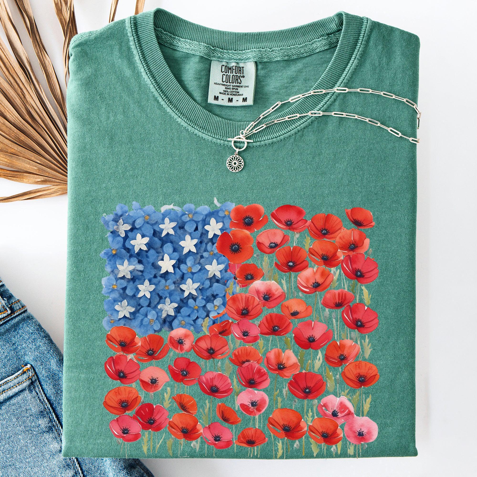 Floral Flag, USA, Patriotic, America, 4th of July T-Shirt - Vibrant Colors